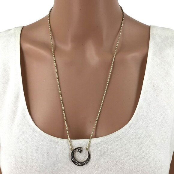 Stella and Dot Necklace Pave Cresent Moon Star Gold Tone Silver Tone - Picture 1 of 3